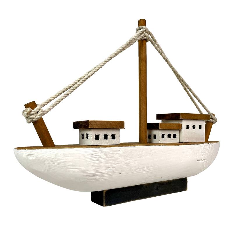13.5In Wood Fishing Boat Statue Nautical Decor Handcrafted Ship Modell - 9.75 X 13.5 X 3.25 inches