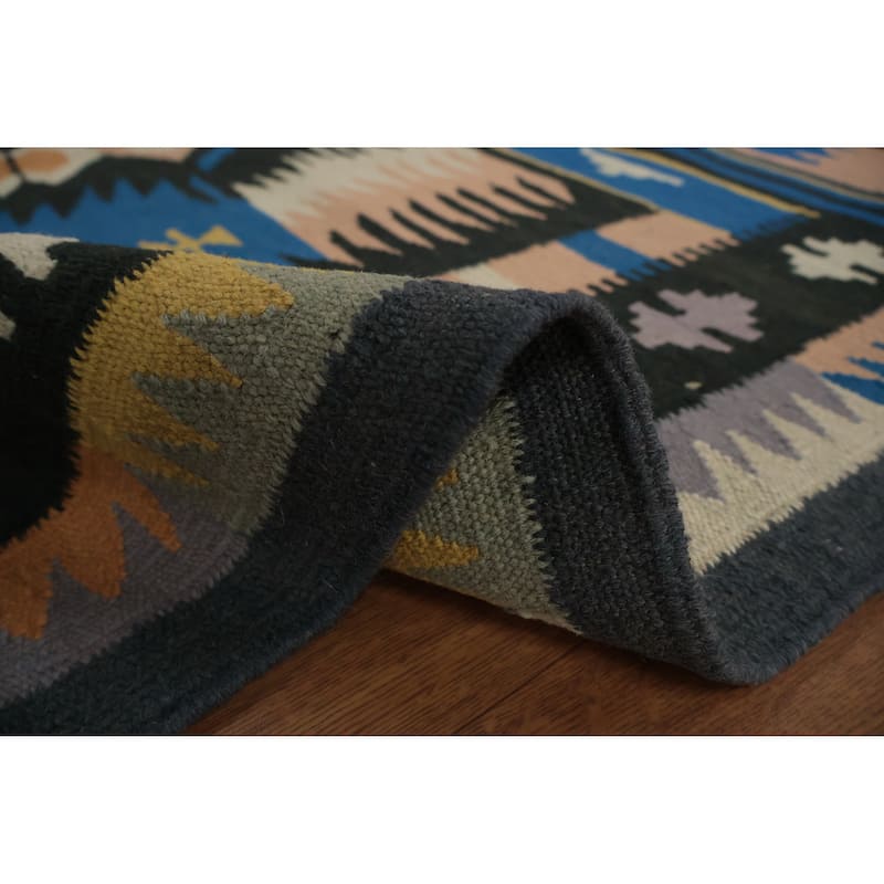 Hand Woven Oriental 100% Wool Carpet Southwestern Tribal Navy Blue & Blues Kilim Area Rug - 6' 9'' X 4' 6''