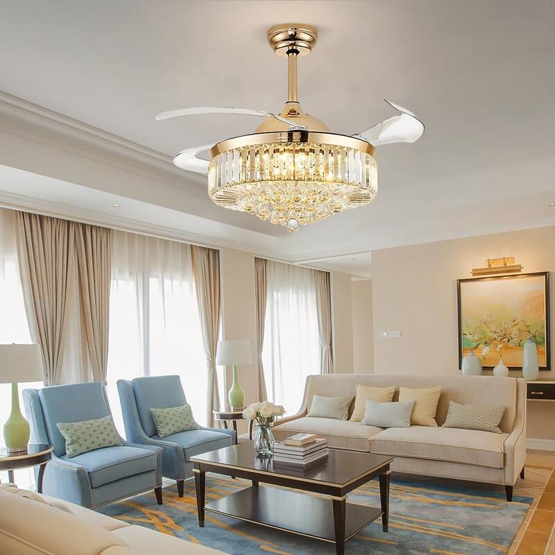 42'' Fandelier Ceiling Fan with Light, Retractable Chandelier Fan LED Dimmable Crystal Ceiling Fan for Bedroom Living Room