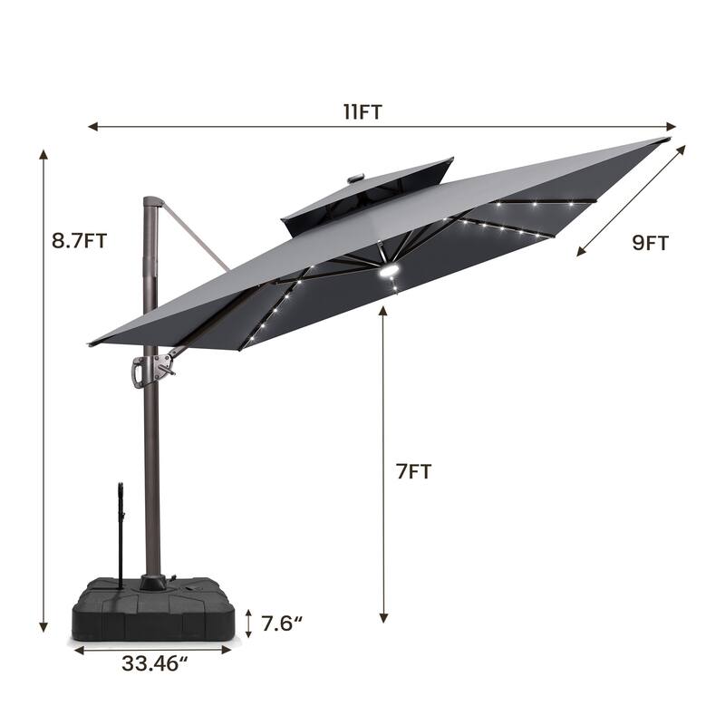9 X 11 FT Outdoor Patio Cantilever Umbrella with Solar Lights Rod Wheel Base Double Canopy 360 Rotation Tilt