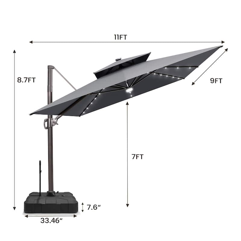 Pellebant 9x11 FT Outdoor Patio Double Top Cantilever Umbrella Solar LED Lighted with Rod Base