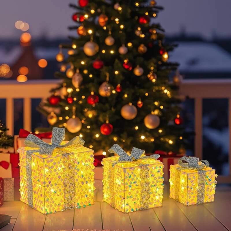 Gymax 3 PCS Christmas Lighted Gift Boxes w/ 90 LED Lights Zip Ties