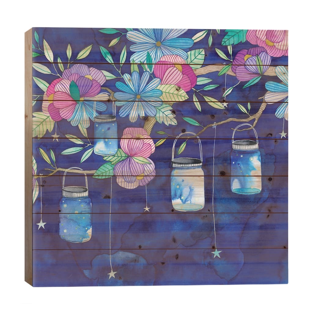 Fireflies Print On Wood by Ana Victoria Calderón - Multi-Color