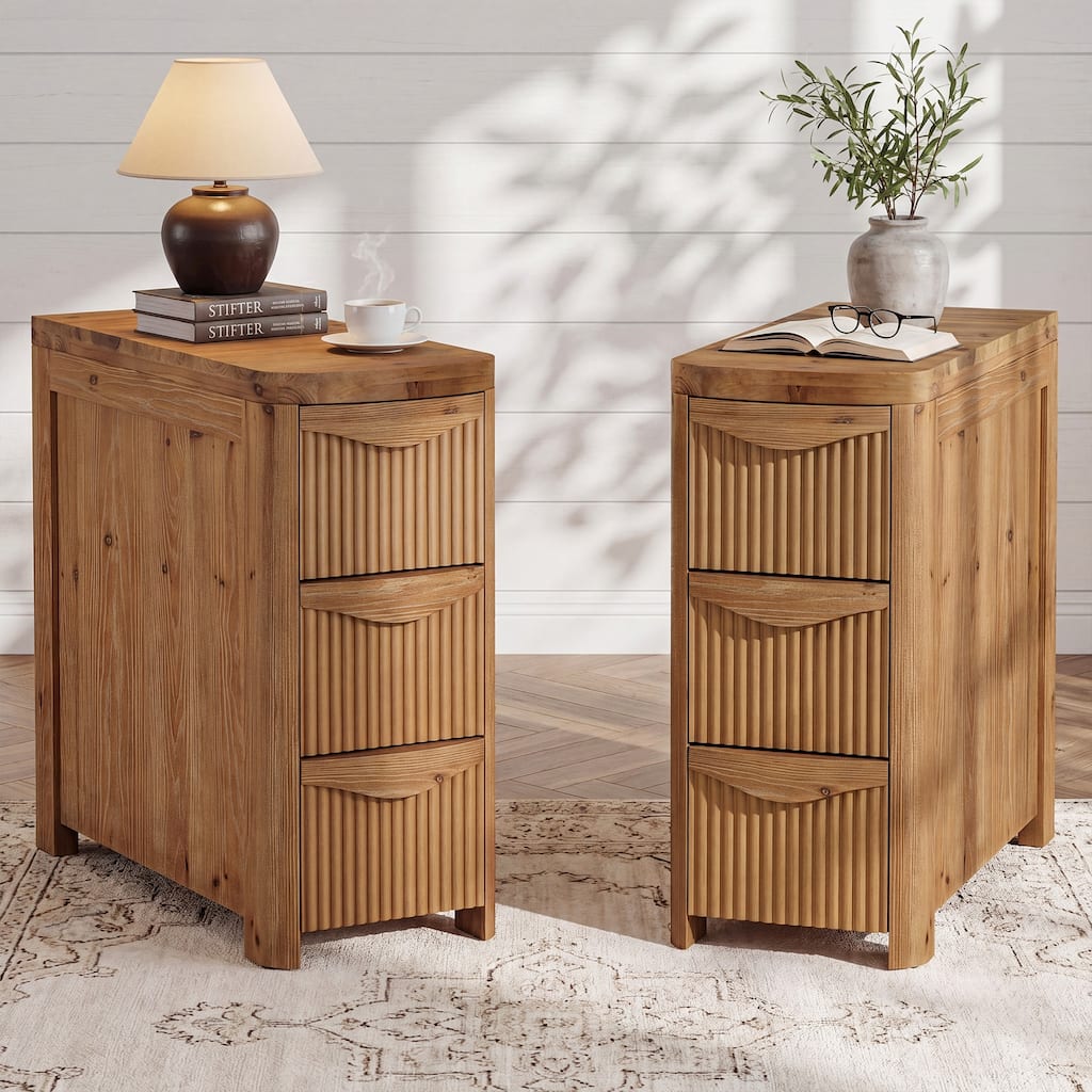 Solid Wood Narrow End Table with 3 Drawers, Fluted Side Table, Slim Sofa Side Table, Nightstand with Storage(Set of 2)