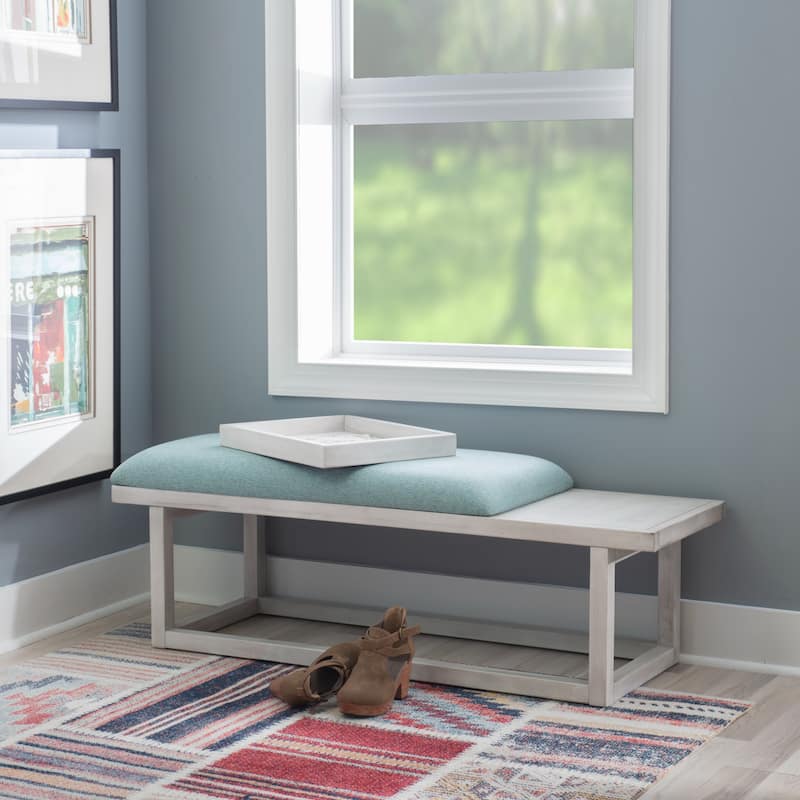 Upholstered Cushioned Bench with Storage Tray - 52" - White and Aqua Blue