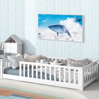 Twin Size Floor Bed for Kids with Safety Guardrails and Door and Slats