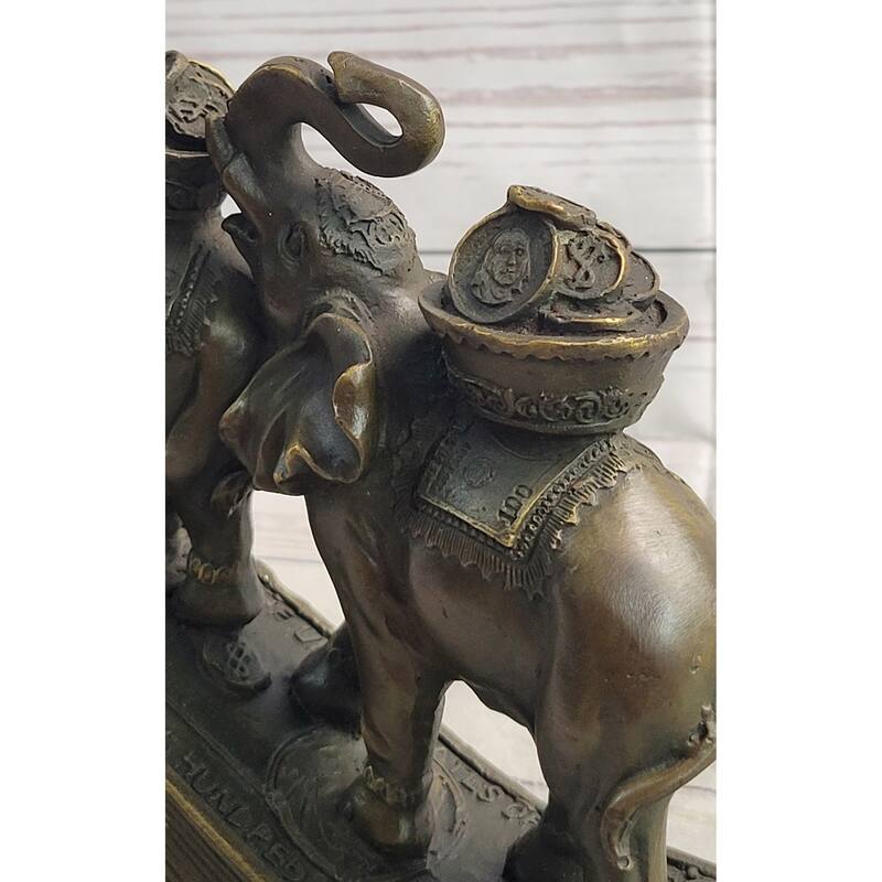 Elephants Crossing Bridge Carrying Money Fortune Lucky Bronze Sculpture Statue Art Decor