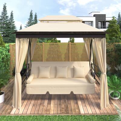 8.9' x 5.9' Outdoor Gazebo with Convertible Swing Bench, Double Roof Soft Canopy Garden Backyard Shade with Mosquito Net