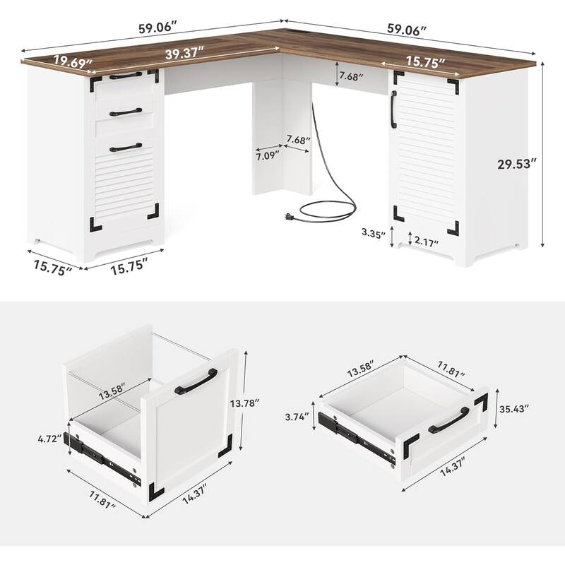 59 Inches White/ Brown Engineered Wood L Shaped Computer Desk with Power Outlet, Corner Executive Desk with Drawer & Cabinet