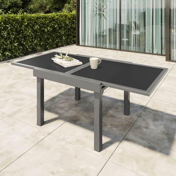 slide 2 of 23, VredHom Outdoor Tempered Glass Top Aluminum Extendable Dining Table - 35.4 in W x 35.4-70.9 in L x 29.5 in H