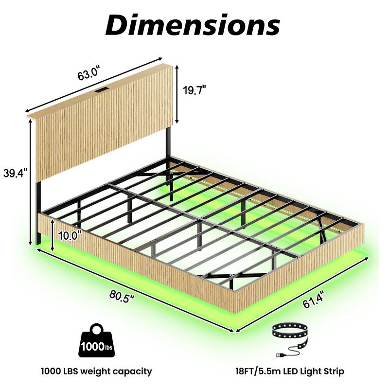 Queen Floating Bed Frame with LED Lights, Charging Station, Wavy Headboard and Heavy Metal Support, No Box Spring Needed