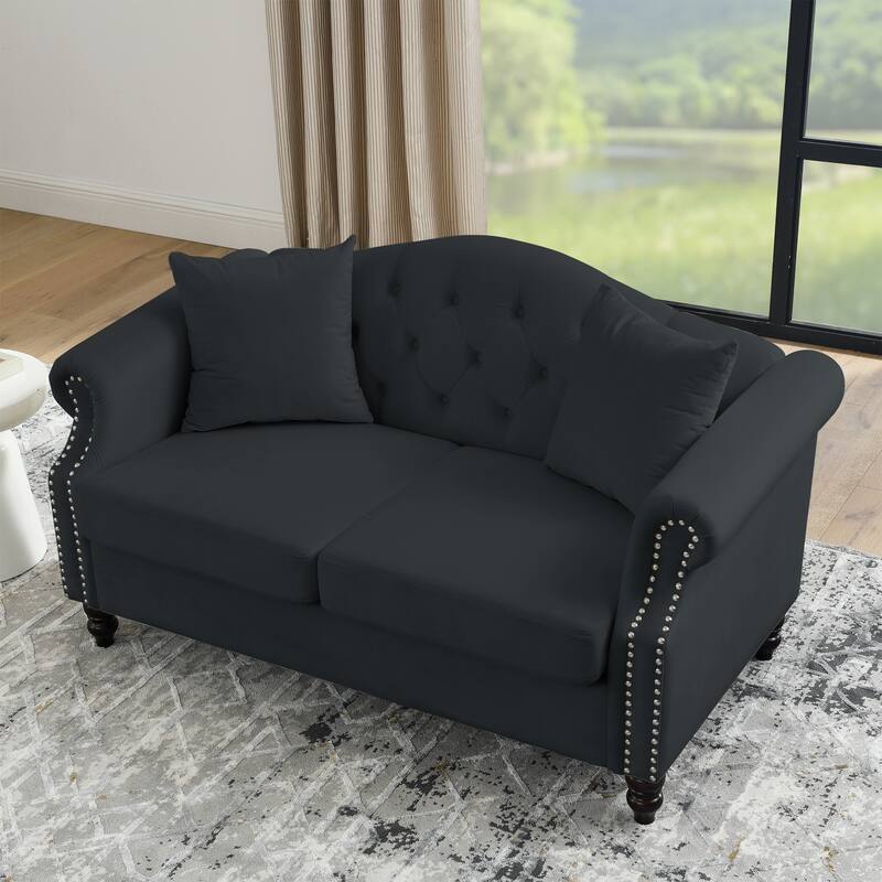 Chesterfield Velvet 2-Seater Sofa Tufted Couch with Rolled Arms and Nailhead & Pillows for Living Room, Bedroom, Apartment