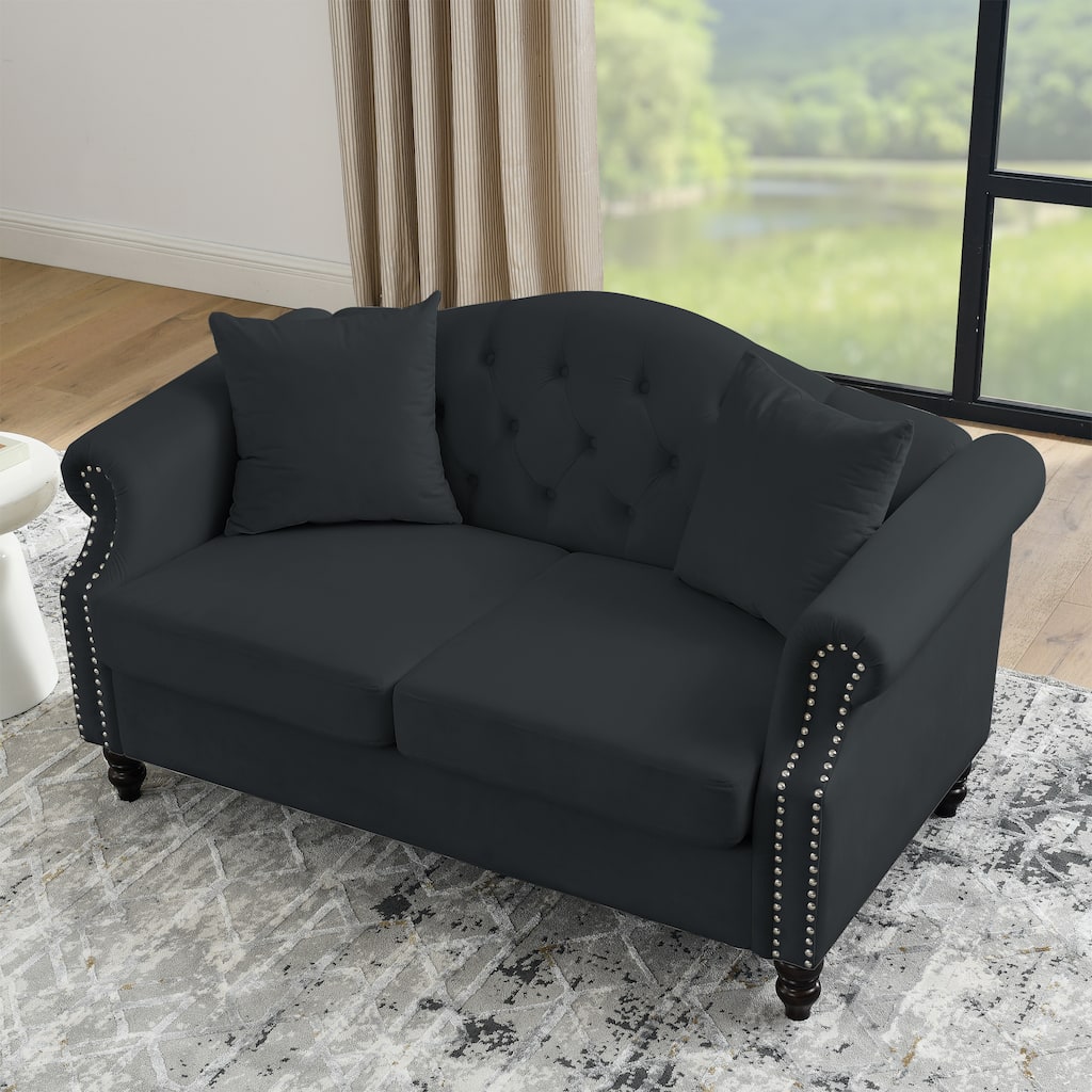 Modern Velvet Button Tufted Upholstered Sofa with Nailhead Armrests