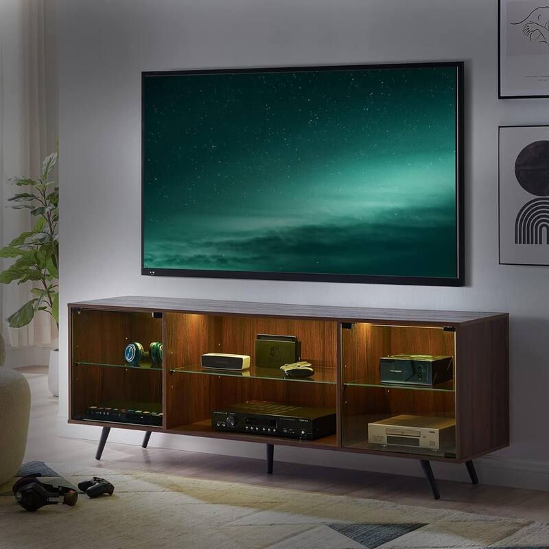 Modern TV Stand for TVs up to 75 Inch with LED Lights - Walnut