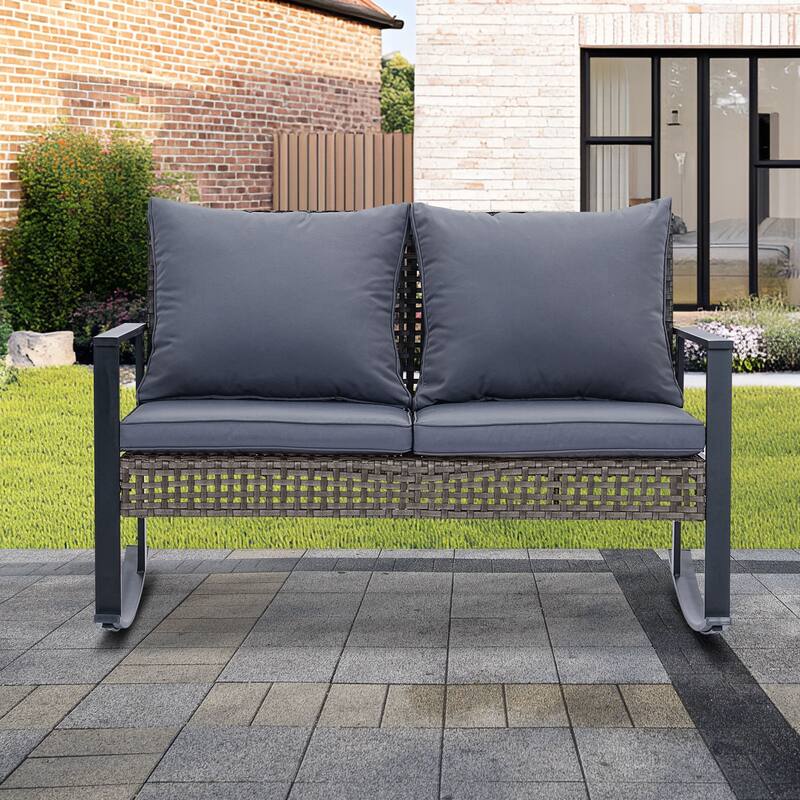 Ainfox Patio Double Outdoor Rocking Chair Bench Loveseat with Cushions - Grey