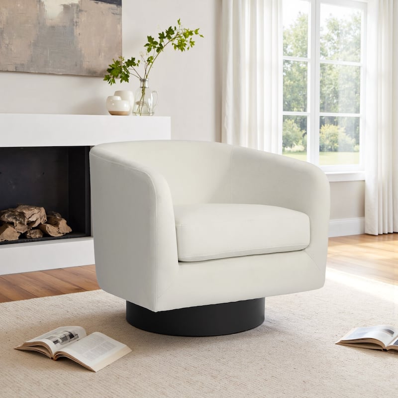 360-Degree Swivel Round Barrel Velvet Armchair Accent Chairs - 28.3"W×25.4"D×26.6"H - Ivory