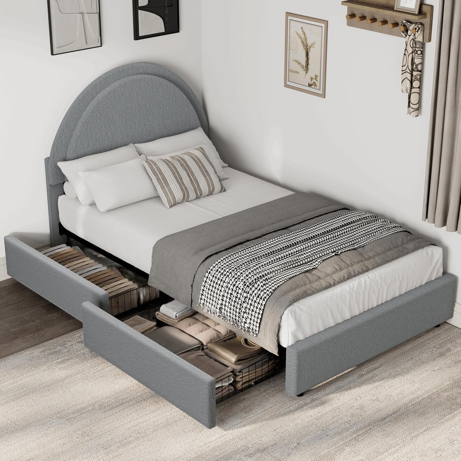 Twin Boucle Bed Frame with Storage Drawers, White Upholstered Platform Bed with Round Headboard, Noise-Free