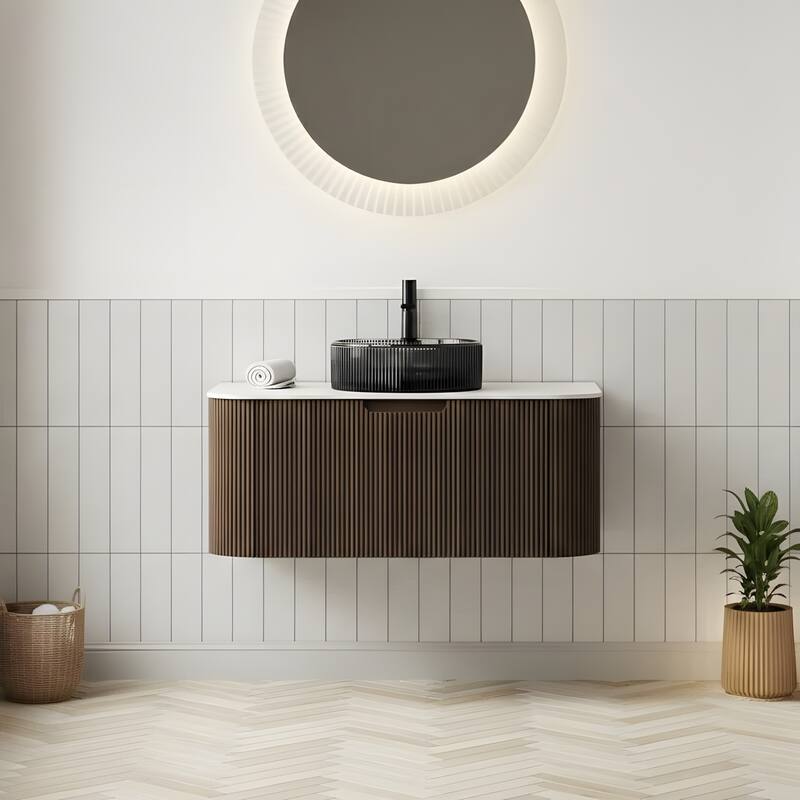Wall Mounted Bathroom Vanity with Transparent Black Round Glass Basin