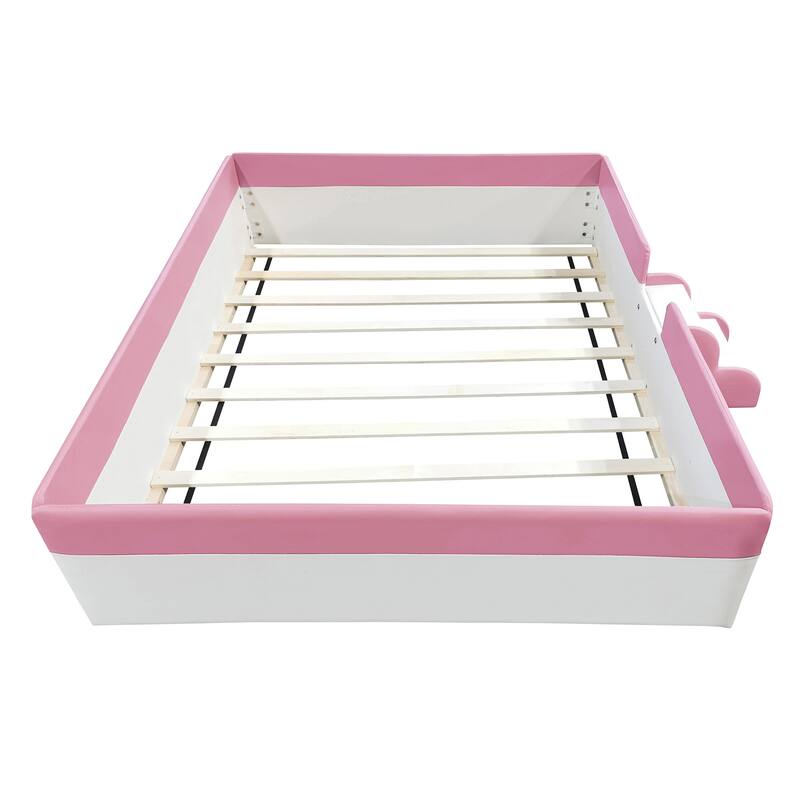 Kids Floor Bed with Fence, PU Upholstered Daybed Frame, Wood Slat Panel Bed w/ Small Stairs for Kids Girls Boys