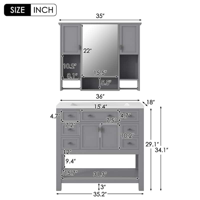 Plywood Freestanding Bathroom Vanity Set in Maple with Integrated Ceramic Sink with Drain - 36" x 18"
