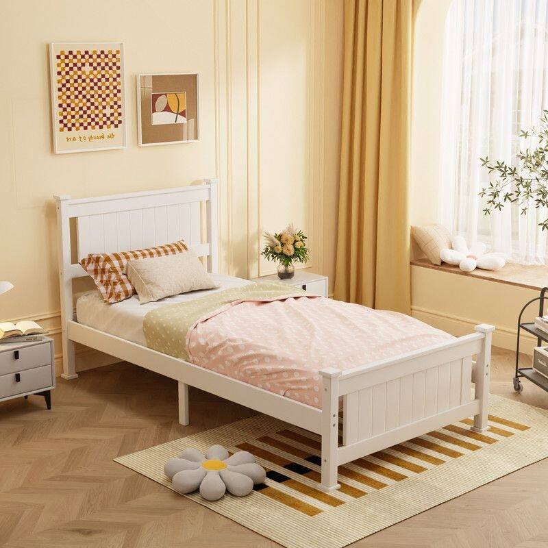 Wood Bed Frame Full Size Platform Bed with Headboard White