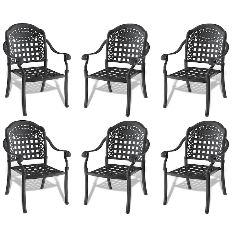 Black Stackable Cast Aluminum Patio Outdoor Dining Chairs With Blue Seat Cushions