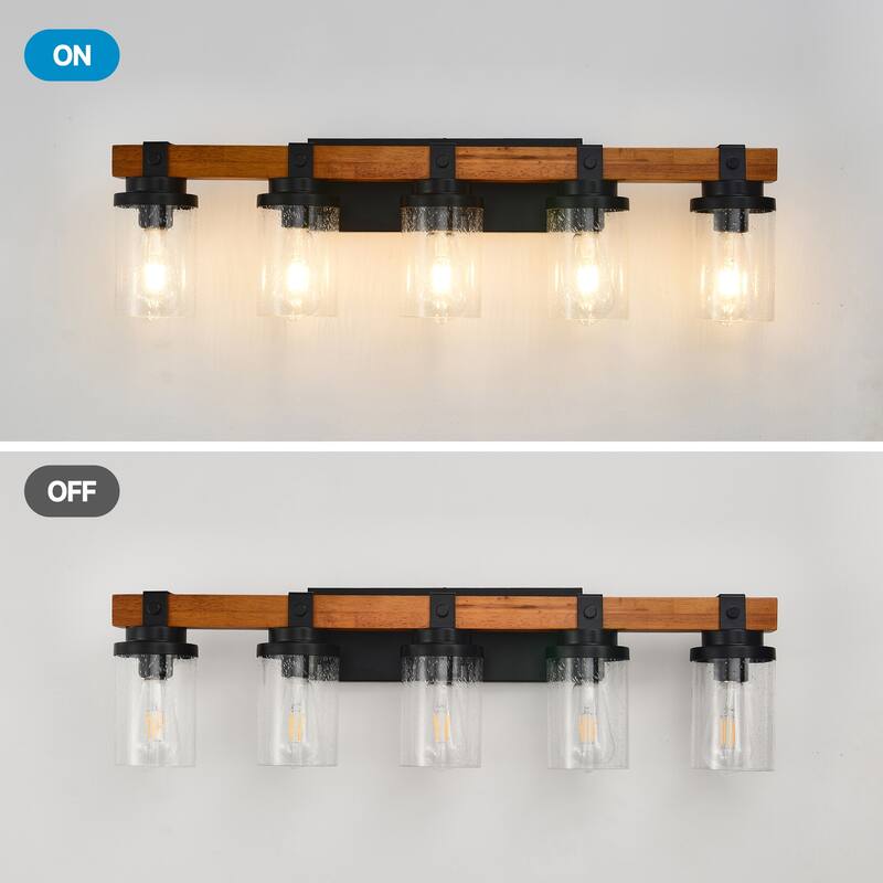 5-Light Matte Black +Wood Wall Lamps with Glass Lamp Shades (No Bulbs) For Bathroom Kitchen Dinning Room