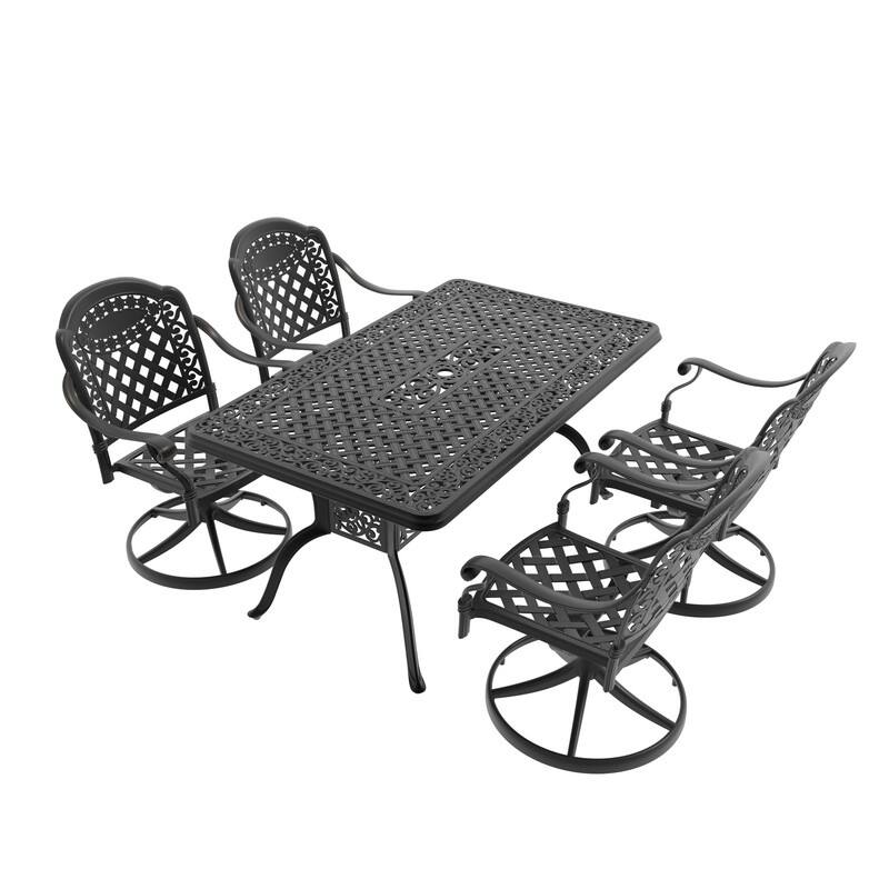 5-Piece Aluminum Rectangular Outdoor Patio Dining Set, 4 Cushioned Swivel Chairs, Table, All-Weather Frames
