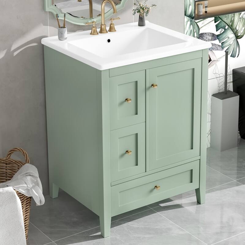 24-Inch Bathroom Vanity with Storage, Adjustable Shelf, MDF & Rubberwood, Removable Dividers, Green Finish