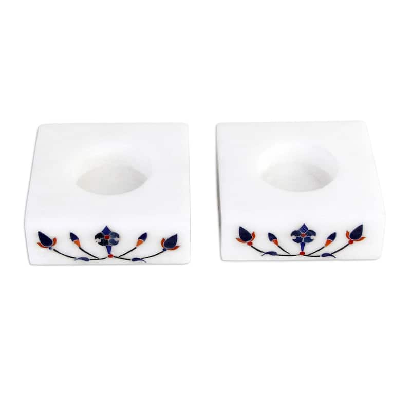 Novica Handmade Blooming Buds In Blue Marble Tealight Holders (Pair)