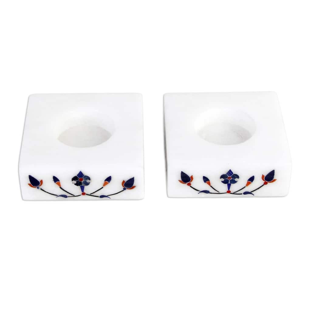 Novica Handmade Blooming Buds In Blue Marble Tealight Holders (Pair)