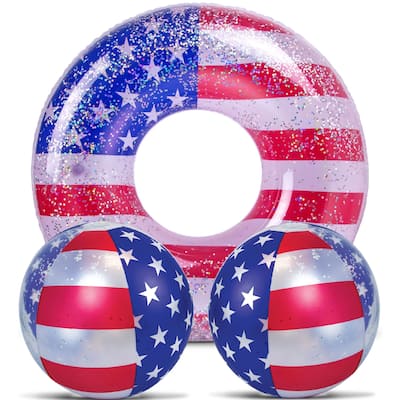 POZA Inflatable USA Flag Pool Float Tube and Beach Balls Bundle - ‎36 x 36 x 9 inches