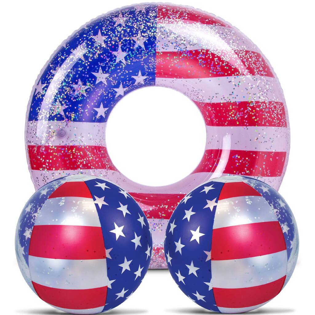 POZA Inflatable USA Flag Pool Float Tube and Beach Balls Bundle - 36 x 36 x 9 inches