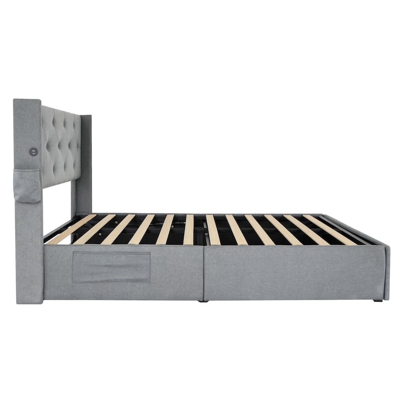 Full Size Lift-Up Storage Bed Frame with USB Ports & Modern Wingback Headboard, No Box Spring Needed