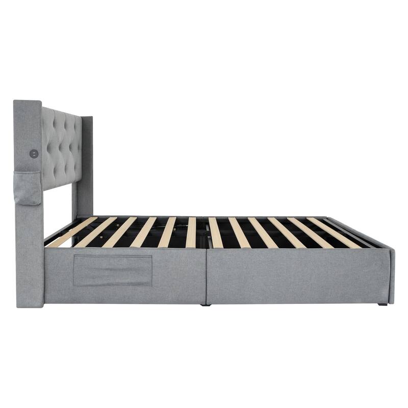 Wingback Upholstered Bed Low Profile Platform Bed Frame with USB Ports, Side Pockets and Hydraulic Lifting Storage
