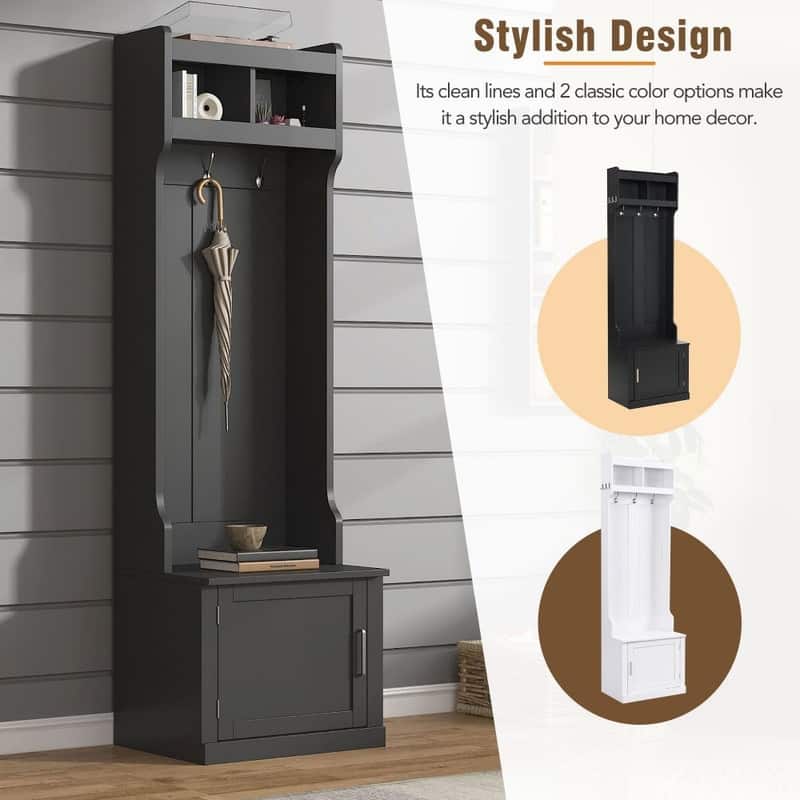 Minimalist Slim Hall Tree with Cabinet & 6 Hanging Hooks