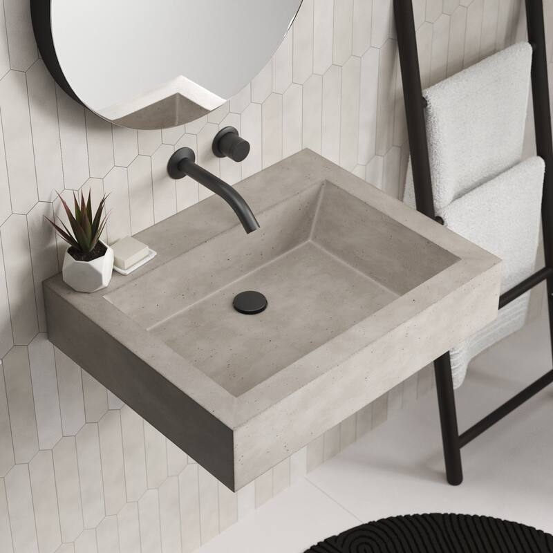 Natoma 24" Wall-Mounted Concrete Rectangular Bathroom Sink - Single Faucet Hole - Ash - No Faucet Hole