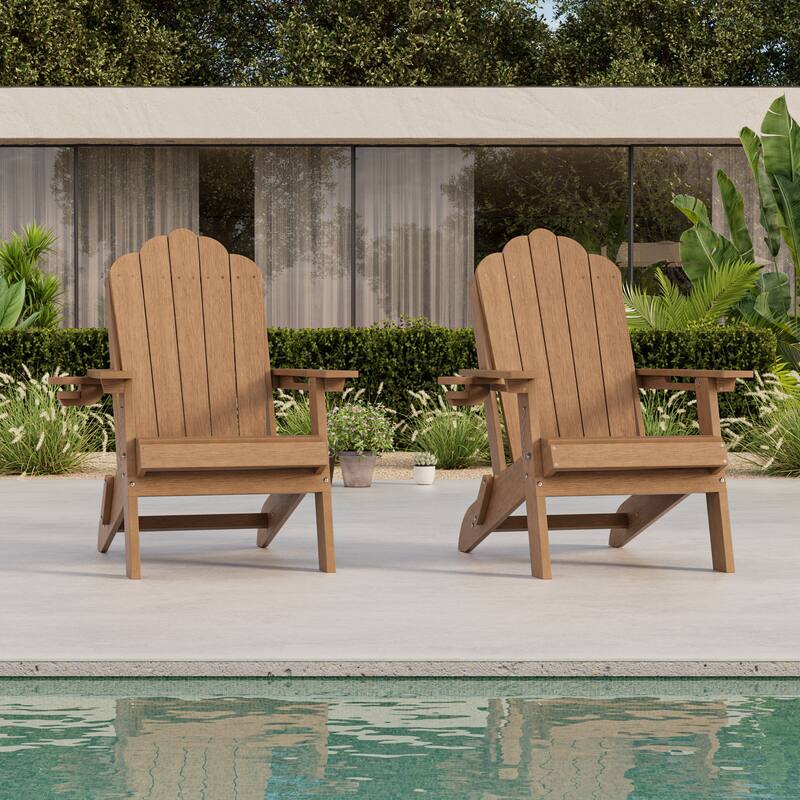 HDPE All-Weather Folding Adirondack Chair with Cup Holder - 2-Piece - Teak