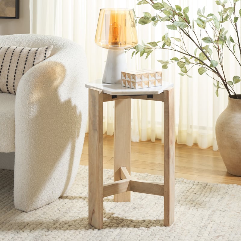 SAFAVIEH Home Pisa Marble Side Table - 16"W x 16"D x 24"H - White/Natural
