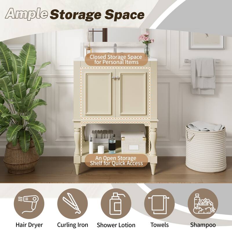 24" Modern Luxury Bathroom Vanity with Ceramic Sink, Compact Cabinet with Open Shelf & Closed Storage