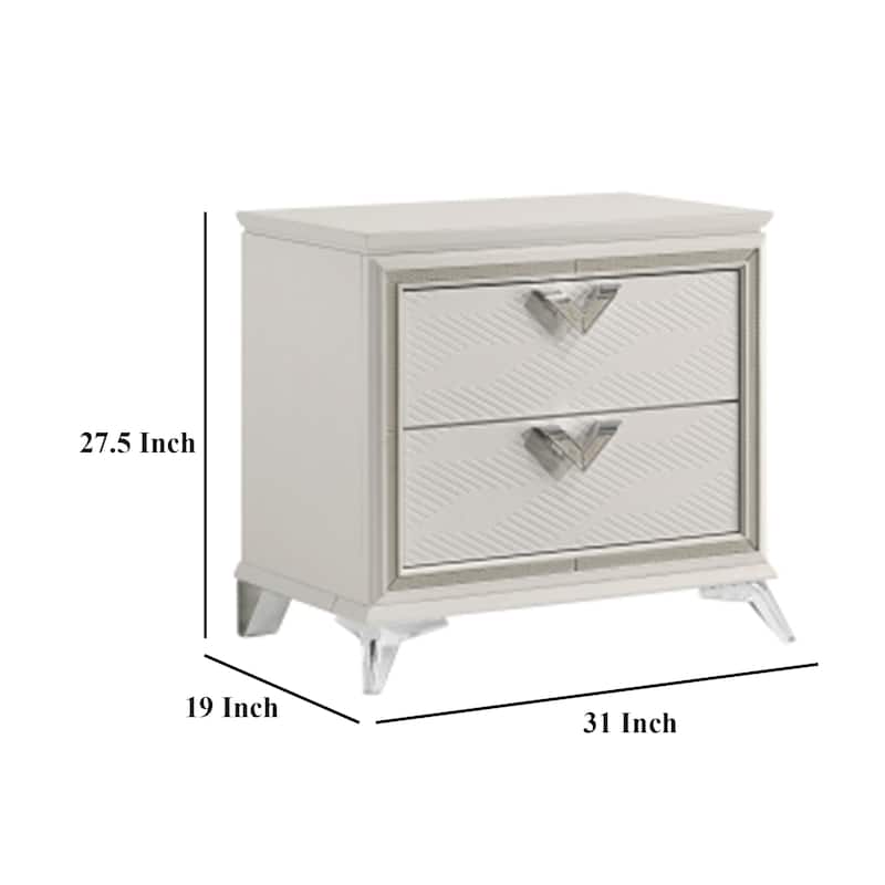 Dery Nightstand, 2 Drawers Chrome Triangle Handles, Gold White Wood