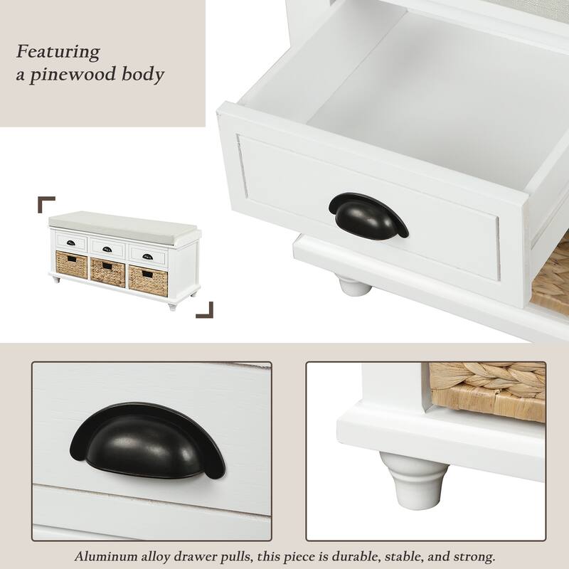 Bedroom Solid Wood Storage Bench Rustic Upholstered Bench with 3 Drawers and 3 Rattan Baskets, Shoe Bench for Entryway