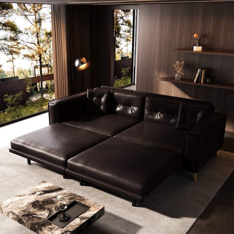 Oversized 3-in-1 Convertible Sofa Bed, 92.1" Faux Leather Square Arms Loveseat, Modern Pull-Out Sleeper Couch with Pillows