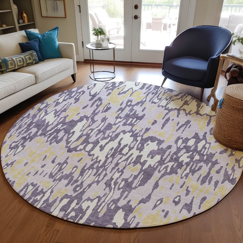 Machine Washable Indoor/ Outdoor Modern Watercolor Chantille Rug - Purple - 8' x 8'