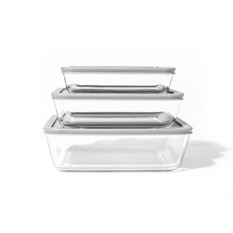 Glass Food Storage Set with Airtight Lids - Nesting, Space-Saving, BPA-Free, Microwave, Oven & Dishwasher Safe - 6 Piece Set (3 Containers + 3 Lids) - Grey