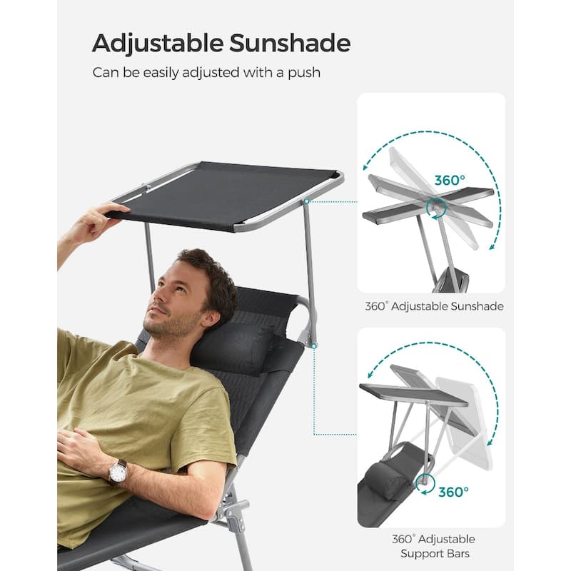 Steel Folding Sun Lounger with Adjustable Recline, Detachable Headrest and Sunshade - 76"D x 20.9"W x 11.4"H