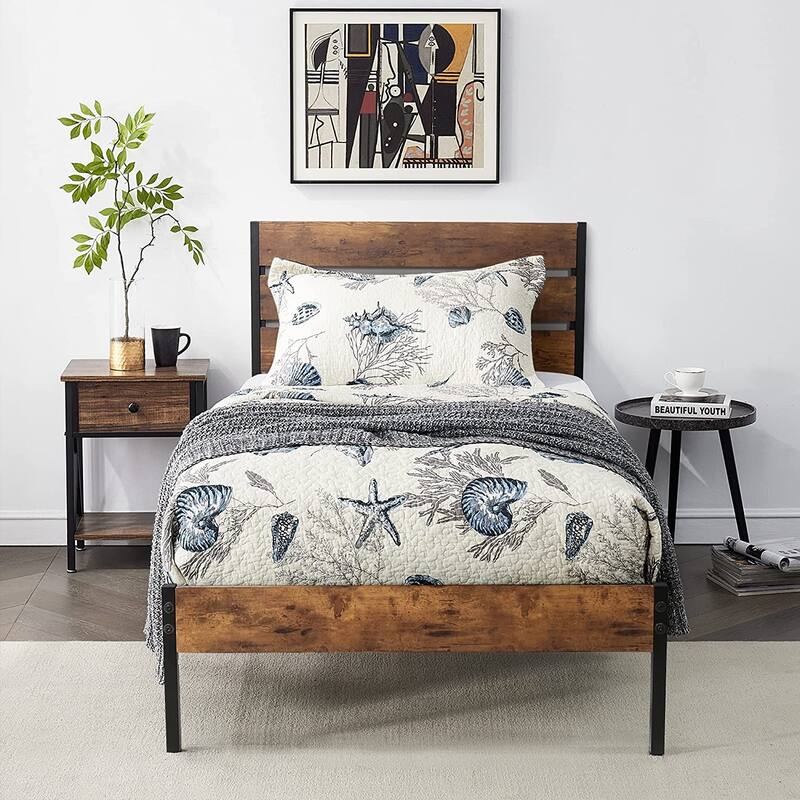 Twin Size Metal Platform Bed Frame with Headboard and and Footboard, No Box Spring Needed Sturdy Wooden Slats Support