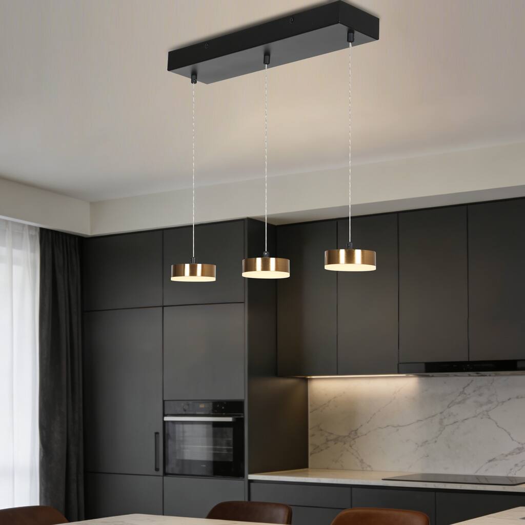 Modern 3-Light LED Black Gold Chandelier Linear Island Lights for Dining Room - 19.5" L x 4.3" W x 63" H