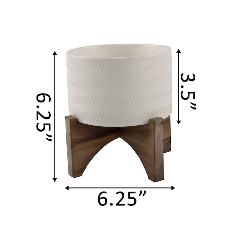 Mid-Century 5" Arrow Ceramic Planter on Wood Stand,Matte White