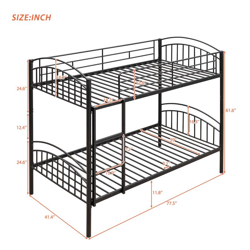 Twin Over Twin Bunk Bed, Convertible into Two Twin Beds, Sturdy Metal Frame with Safety Guardrails, Easy Assembly